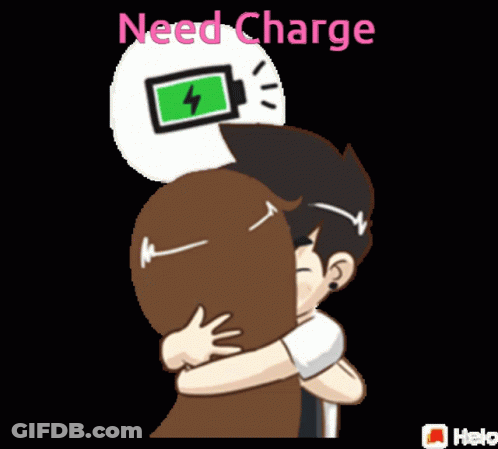 A Cartoon Of A Boy And A Girl With The Words Need Charge Written Above Them GIF