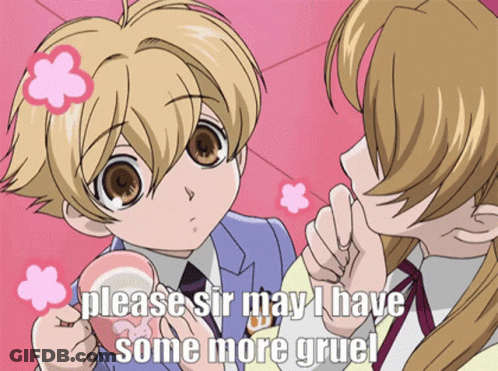 A Cartoon Of A Boy And A Girl With The Words Please Sir May I Have Some More Gruel GIF