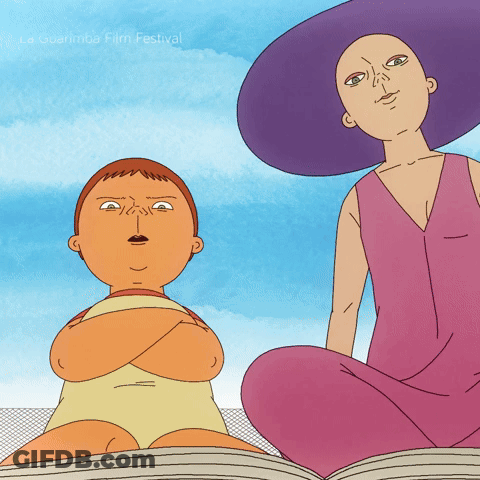 A Cartoon Of A Boy And A Woman Sitting Next To Each Other With The Words La Querimba Film Festival Written On The Bottom GIF