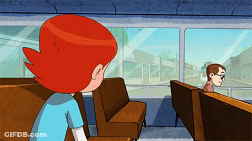 A Cartoon Of A Boy And Girl Sitting On A Bus Looking Out The Window GIF