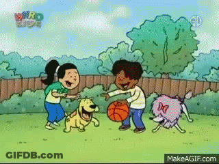 A Cartoon Of A Boy And Two Girls Playing Basketball With A Dog GIF