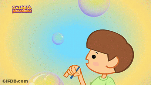 A Cartoon Of A Boy Blowing Soap Bubbles With The Words Galinha Pintadinha On The Bottom Right GIF