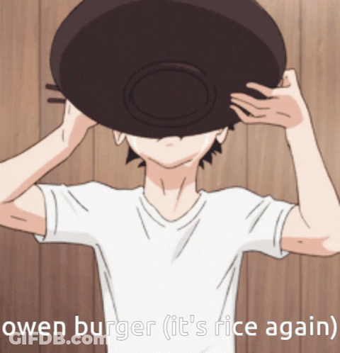 A Cartoon Of A Boy Covering His Face With A Frying Pan GIF