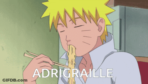 A Cartoon Of A Boy Eating Noodles With Chopsticks And The Word Adrigraille Written Below Him GIF