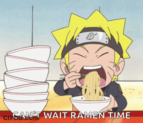 A Cartoon Of A Boy Eating Ramen With The Words " Can 'T Wait Ramen Time " Below Him GIF