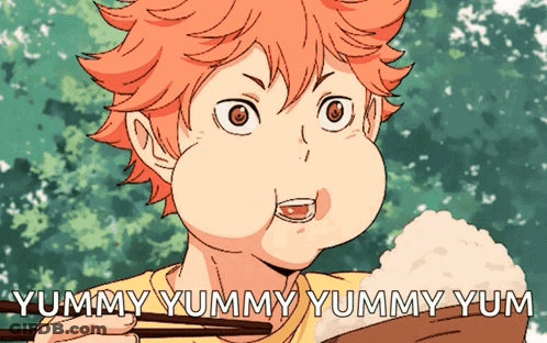 A Cartoon Of A Boy Eating Rice With Chopsticks And The Words " Yummy Yummy Yummy Yum " Below Him GIF