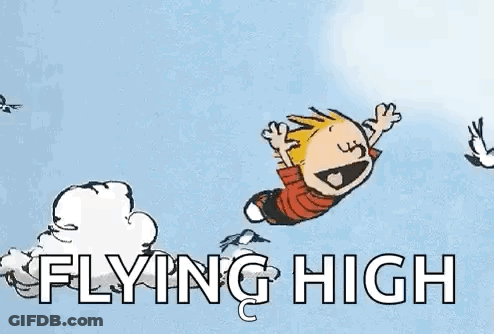 A Cartoon Of A Boy Flying Through The Air With The Words `` Flying High '' Written Below Him . GIF