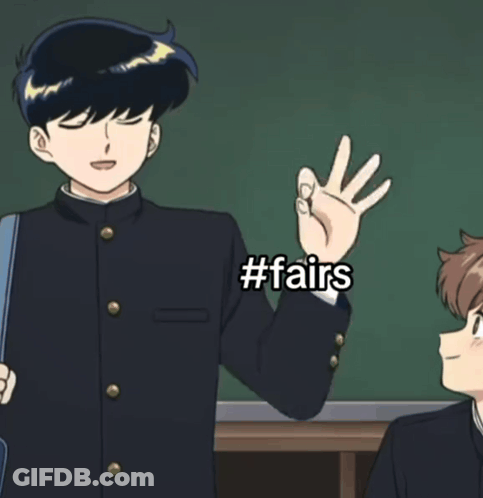 A Cartoon Of A Boy Giving A Peace Sign With The Words #Fairs Behind Him GIF