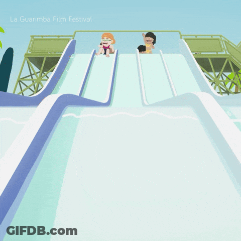 A Cartoon Of A Boy Going Down A Water Slide With The Words La Guarimba Film Festival Above Him GIF