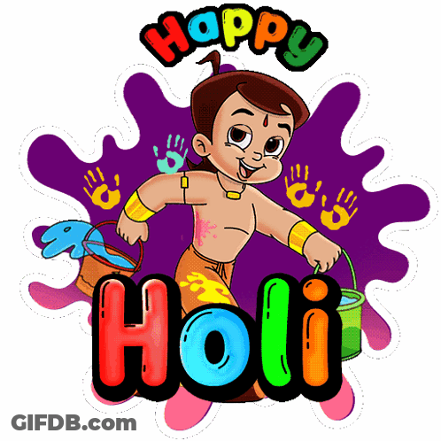 A Cartoon Of A Boy Holding A Bucket With The Words Happy Holi Behind Him GIF