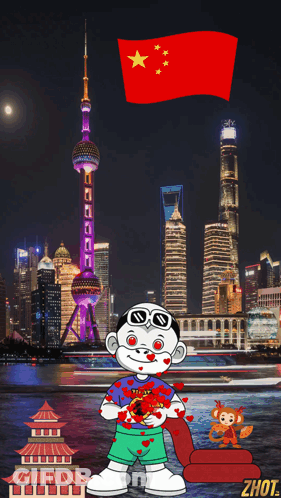 A Cartoon Of A Boy Holding A Chinese Flag In Front Of A City GIF