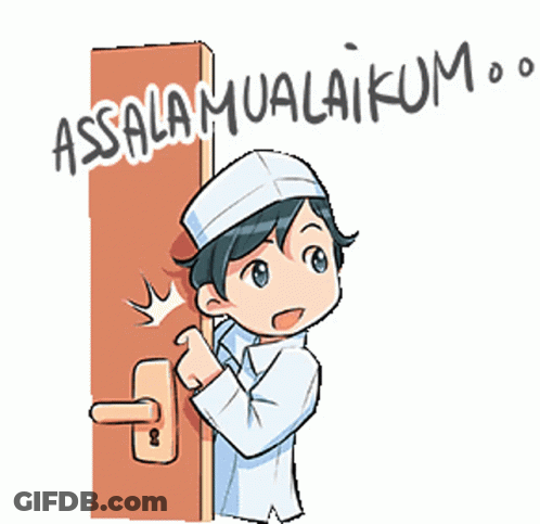A Cartoon Of A Boy Holding A Door With The Words " Assalamualaikum " On It GIF