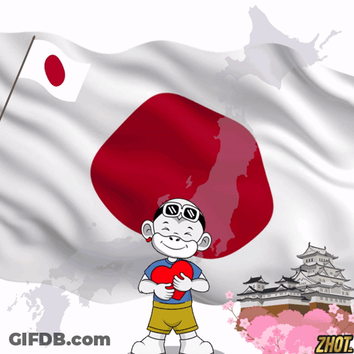 A Cartoon Of A Boy Holding A Heart In Front Of A Flag GIF