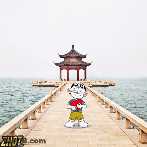 A Cartoon Of A Boy Holding A Heart In Front Of A Pagoda And The Word Zhout Below Him GIF