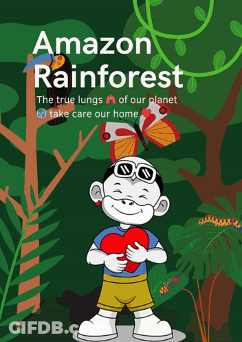 A Cartoon Of A Boy Holding A Heart With The Words Amazon Rainforest Above Him GIF