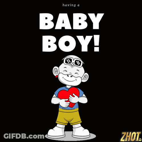 A Cartoon Of A Boy Holding A Heart With The Words " Having A Baby Boy " Below Him GIF