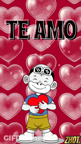 A Cartoon Of A Boy Holding A Heart With The Words Te Amo Written On It GIF