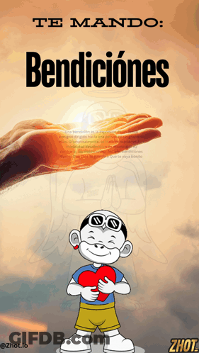 A Cartoon Of A Boy Holding A Heart With The Words Te Mando Bendiciones Above Him GIF