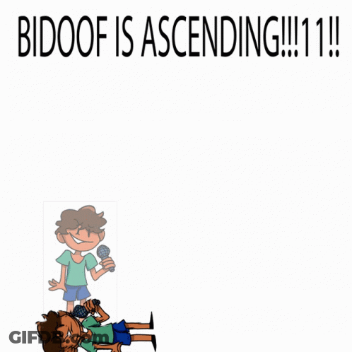 A Cartoon Of A Boy Holding A Microphone And The Words " Bidoof Is Ascending " GIF