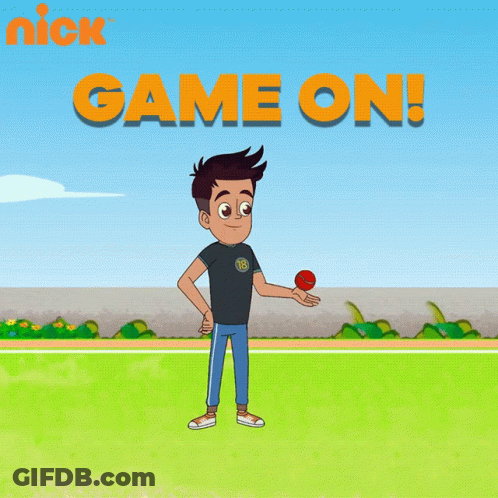 A Cartoon Of A Boy Holding A Red Ball With The Words Game On Above Him GIF