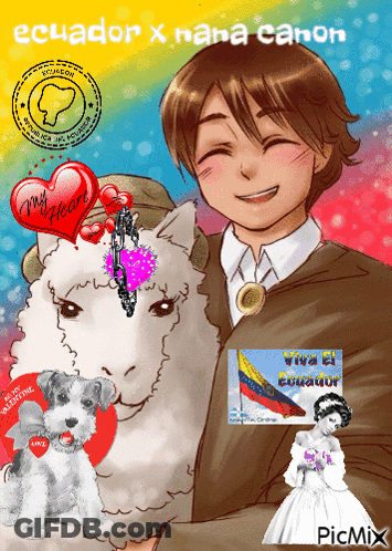 A Cartoon Of A Boy Holding A Sheep With The Words Ecuador X Nana Canon On The Bottom GIF