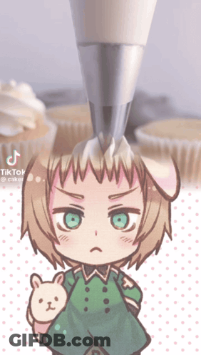 A Cartoon Of A Boy Holding A Stuffed Animal With A Cupcake In The Background And A Tiktok Logo In The Corner GIF