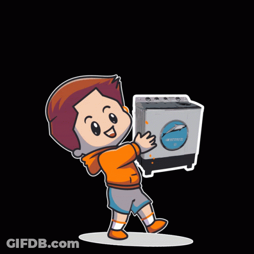 A Cartoon Of A Boy Holding A Washing Machine That Says Lg On It GIF