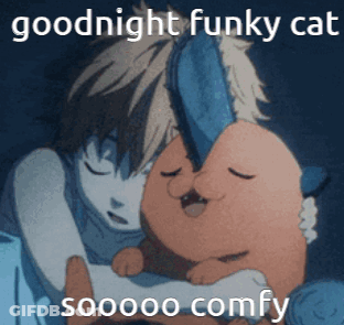 A Cartoon Of A Boy Hugging A Cat That Says Goodnight Funky Cat GIF