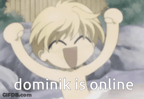 A Cartoon Of A Boy In A Bathtub With His Arms In The Air And The Words `` Dominik Is Online '' . GIF