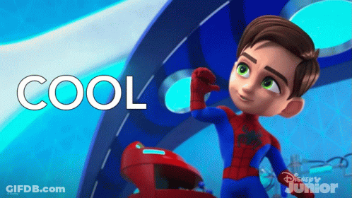 A Cartoon Of A Boy In A Spiderman Costume With The Word Cool Above Him GIF