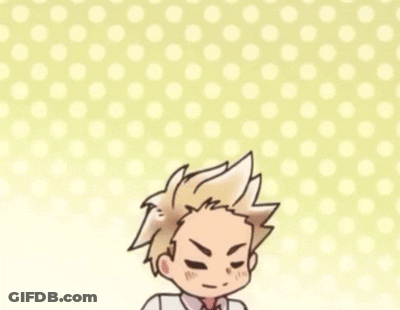 A Cartoon Of A Boy In A White Shirt And Tie Is Standing In Front Of A Polka Dot Background . GIF