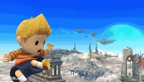 A Cartoon Of A Boy Jumping In The Air With A Blue Sky In The Background GIF