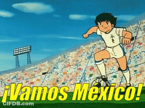 A Cartoon Of A Boy Kicking A Soccer Ball With The Words Vamos Mexico Behind Him GIF
