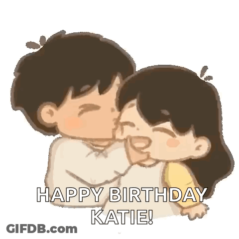 A Cartoon Of A Boy Kissing A Girl On The Cheek And Saying Happy Birthday Katie . GIF