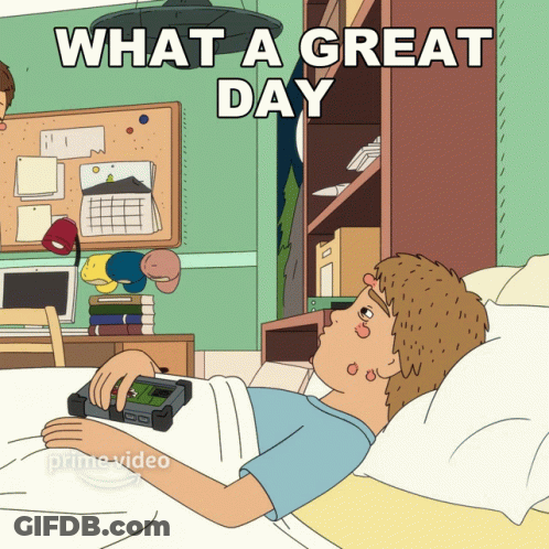 A Cartoon Of A Boy Laying In Bed With The Words What A Great Day GIF