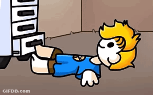 A Cartoon Of A Boy Laying On The Floor Next To A Refrigerator . GIF