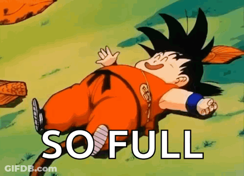 A Cartoon Of A Boy Laying On The Ground With The Words `` So Full '' Written On The Bottom . GIF