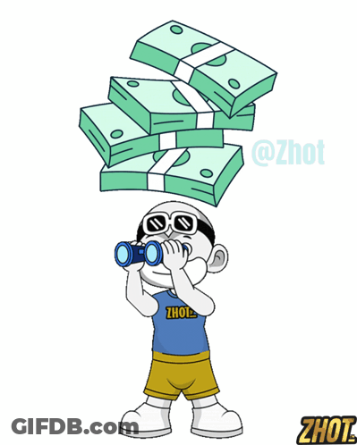 A Cartoon Of A Boy Looking Through Binoculars With A Stack Of Money Behind Him GIF