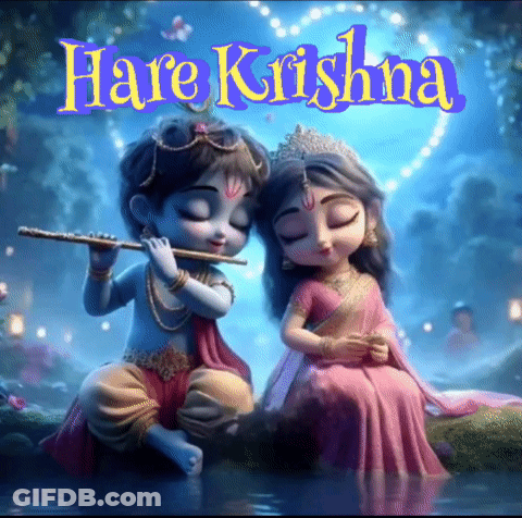 A Cartoon Of A Boy Playing A Flute And A Girl Sitting Next To Each Other With The Words Hare Krishna Above Them GIF