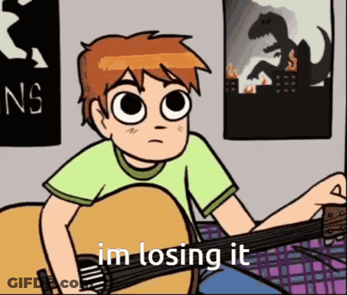 A Cartoon Of A Boy Playing A Guitar With The Words I 'M Losing It Above Him GIF