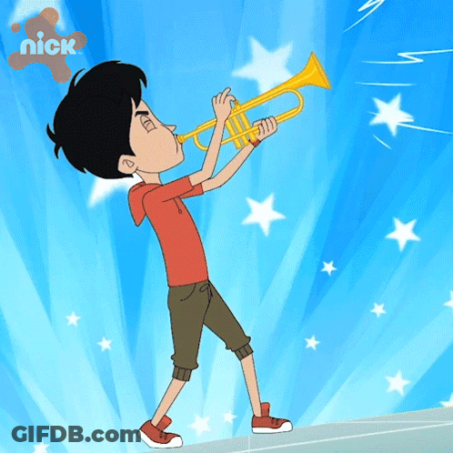 A Cartoon Of A Boy Playing A Trumpet With A Nick Logo In The Background GIF