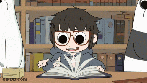 A Cartoon Of A Boy Reading A Book With A Panda Bear Behind Him GIF
