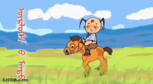 A Cartoon Of A Boy Riding On The Back Of A Horse In A Field GIF