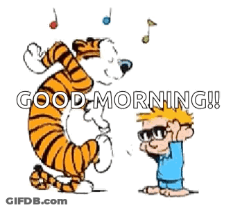 A Cartoon Of A Boy Riding On The Back Of A Tiger With The Words Good Morning Written On It GIF