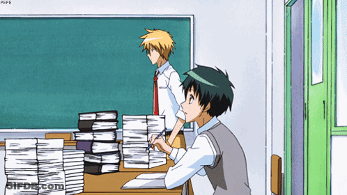 A Cartoon Of A Boy Sitting At A Desk With A Stack Of Books On It GIF