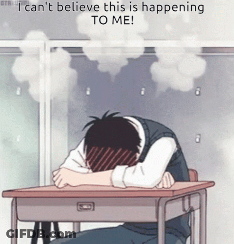 A Cartoon Of A Boy Sitting At A Desk With His Head Down And The Words I Can T Believe This Is Happening GIF