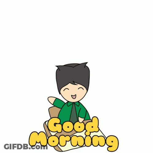 A Cartoon Of A Boy Sitting At A Desk With The Words Good Morning Written In Yellow Letters GIF