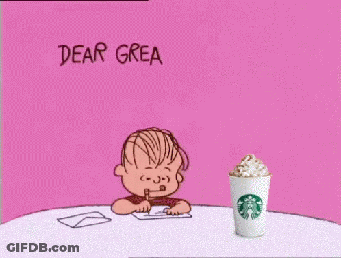 A Cartoon Of A Boy Sitting At A Table With A Starbucks Cup In Front Of Him GIF