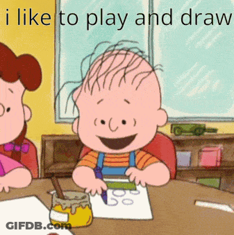 A Cartoon Of A Boy Sitting At A Table With The Words " I Like To Play And Draw " GIF