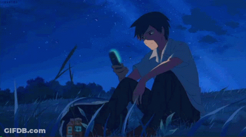 A Cartoon Of A Boy Sitting In The Grass Looking At His Cell Phone GIF